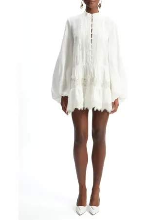 Bardot Antonia Lace Trim Long Sleeve Linen Minidress in at Nordstrom, Size 8