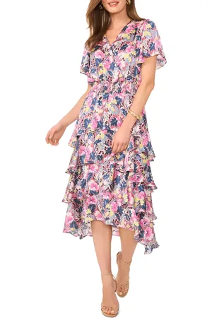 Vince Camuto Floral Tiered Flutter Sleeve Midi Dress in at Nordstrom, Size X-Small