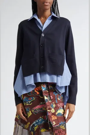 SACAI Mixed Media Poplin & Knit Cardigan in at Nordstrom, Size 3
