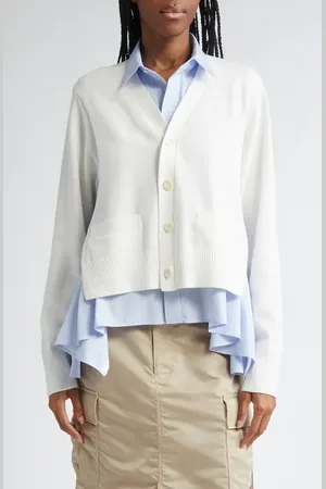 SACAI Mixed Media Poplin & Knit Cardigan in at Nordstrom, Size 1