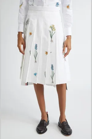 Thom Browne Botanical Embroidered Pleated Cotton & Linen Midi Skirt in at Nordstrom, Size 10 Us