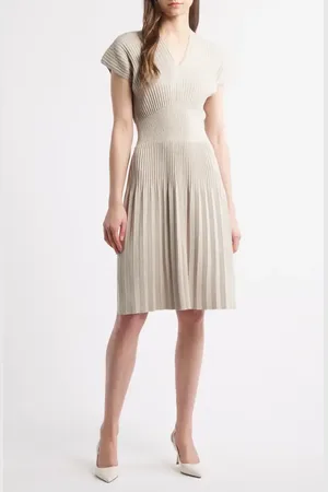 Ming Wang X Tanya Foster Pleated Rib Fit & Flare Dress in at Nordstrom, Size Large