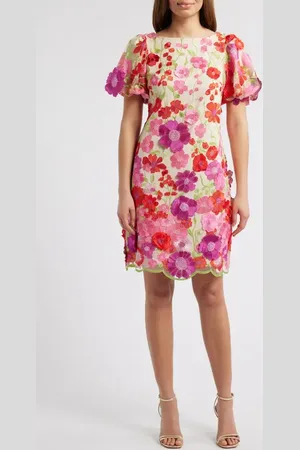 Eliza J Floral Embroidered Puff Sleeve Cocktail Dress in at Nordstrom, Size 4