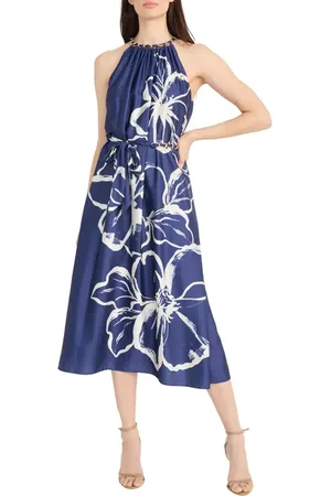 MAGGY Floral Halter Neck Belted Midi Dress in at Nordstrom, Size 6