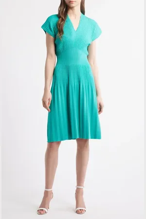 Ming Wang X Tanya Foster Pleated Rib Fit & Flare Dress in at Nordstrom, Size Xx-Small
