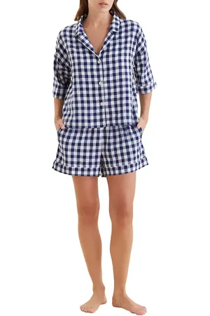 Papinelle Gingham Seersucker Short Pajamas in Navy /White at Nordstrom, Size Large