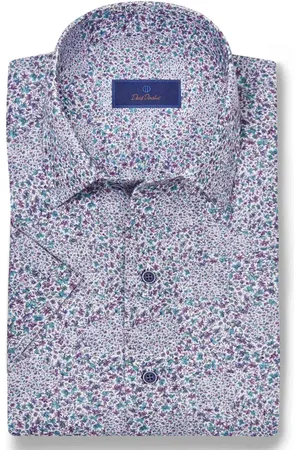 David Donahue Micro Floral Print Short Sleeve Linen & Cotton Shirt in at Nordstrom, Size Xx-Large
