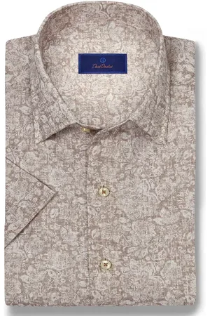 David Donahue Texture Floral Print Short Sleeve Linen & Cotton Shirt in at Nordstrom, Size Large