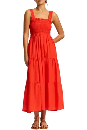 Seafolly Faithful Smocked Tiered Cotton Cover-Up Midi Dress in at Nordstrom, Size X-Large