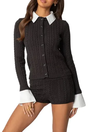 Edikted Avey Cable Knit Cardigan with Removable Cuffs & Collar in at Nordstrom, Size X-Small