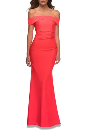 La Femme Long Off the Shoulder Ruched Neon Jersey Dress in at Nordstrom, Size 2