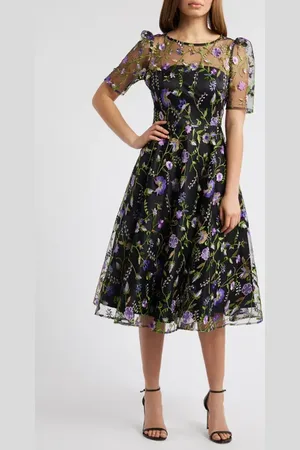 Eliza J Embroidered Illusion Neck Cocktail Midi Dress in at Nordstrom, Size 4