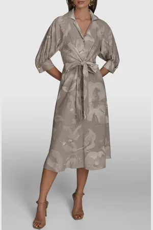 Donna Karan Abstract Floral Linen Blend Midi Dress in at Nordstrom, Size 10