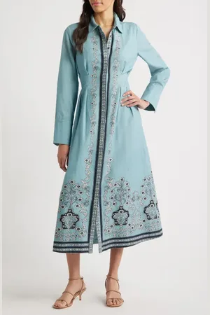 Cleobella Mirella Placed Print Long Sleeve Cotton & Linen Midi Dress in at Nordstrom, Size X-Small
