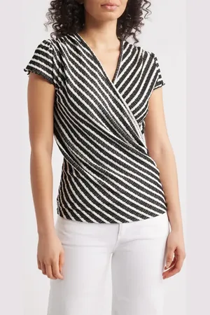 Loveappella Puckered Stripe Wrap Front Top in at Nordstrom, Size Large