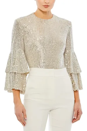 Mac Duggal Ruffle 3/4 Sleeve Sequin Bodysuit in at Nordstrom, Size Small