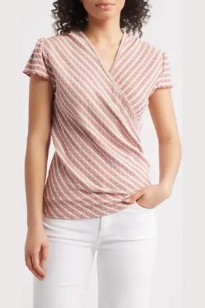 Loveappella Puckered Stripe Wrap Front Top in at Nordstrom, Size Medium
