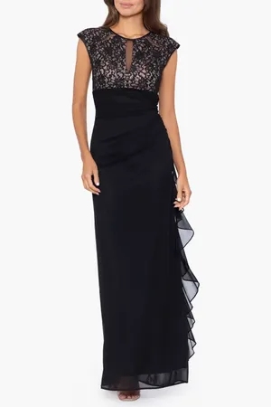 Betsy & Adam Lace Bodice Side Ruffle Gown in at Nordstrom, Size 12