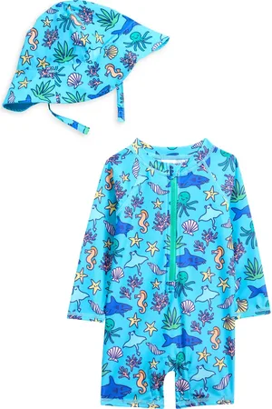 Tucker + Tate One-Piece Romper Swimsuit & Bucket Hat Set in at Nordstrom, Size 9M