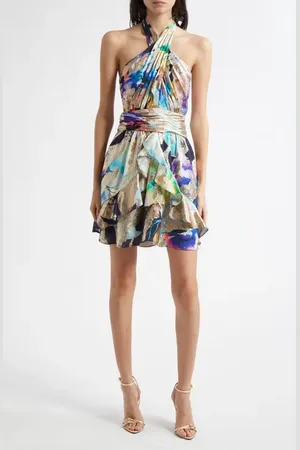 Ramy Brook Marble Reuben Ruffle Metallic Jacquard Halter Minidress in at Nordstrom, Size 2