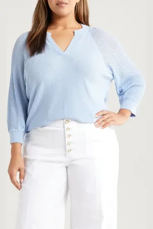 Wit & Wisdom Mixed Stitch Split Neck Sweater in at Nordstrom, Size 3X