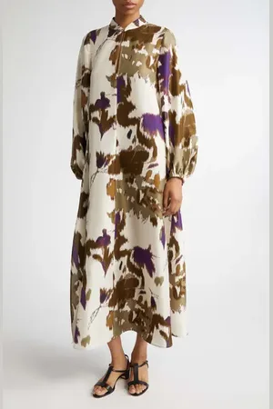 Max Mara Maesa Floral Long Sleeve Shantung Silk Maxi Dress in at Nordstrom, Size 10