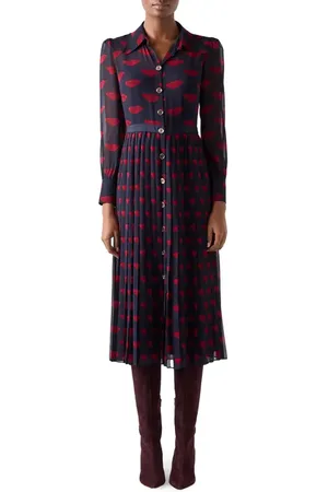 LK Bennett Tallis Lips Pleated Long Sleeve Midi Shirtdress in at Nordstrom, Size 6 Us