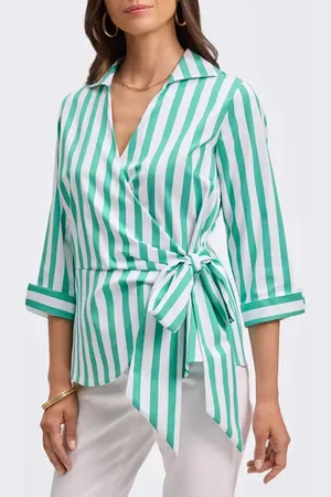 Foxcroft Salina Stripe Cotton Blend Wrap Shirt in at Nordstrom, Size Medium