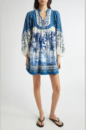 Farm Rio Palm Tree Print Linen Blend Tie Front Dress in at Nordstrom, Size Xx-Small
