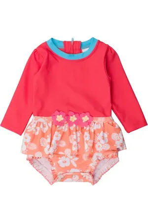 RuffleButts Baby Girls UPF50+ Sun Protected Long Sleeve Flower Skirted One Piece in at Nordstrom, Size 0-3M