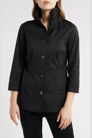 Ming Wang Ruffle Collar Cotton Poplin Blouse in at Nordstrom, Size Xx-Small