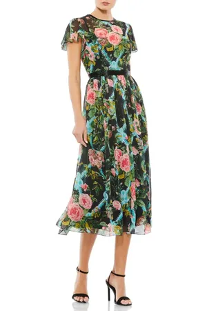 Mac Duggal Floral Illusion Cap Sleeve Midi Dress in at Nordstrom, Size 26