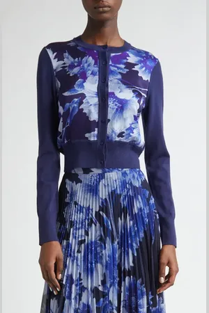 Erdem Troubridge Floral Crop Satin & Merino Wool Cardigan in at Nordstrom, Size Small