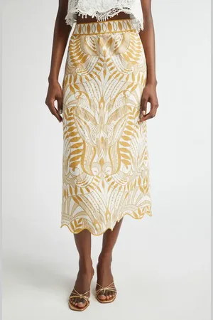 Farm Rio Lace Nature Linen Midi Skirt in at Nordstrom, Size Xx-Small