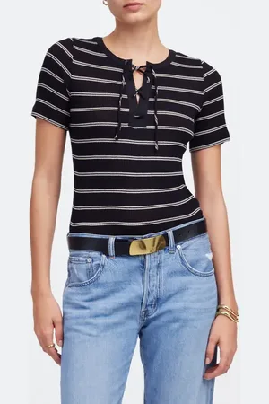 Madewell Rib Lace-Up Short-Sleeve T-Shirt in at Nordstrom, Size Xx-Small