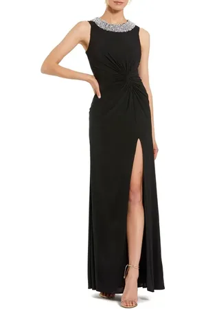 Mac Duggal Rhinestone Embellished High Neck Twist Waist Jersey Gown in at Nordstrom, Size Small
