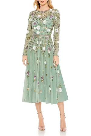 Mac Duggal Sequined Floral Long Sleeve High Neck Midi Dress in at Nordstrom, Size 6