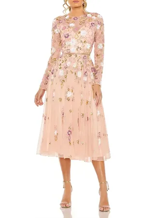 Mac Duggal Sequined Floral Long Sleeve High Neck Midi Dress in at Nordstrom, Size 4