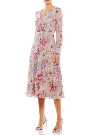 Mac Duggal Long Sleeve Embellished Floral Midi Dress in at Nordstrom, Size 14