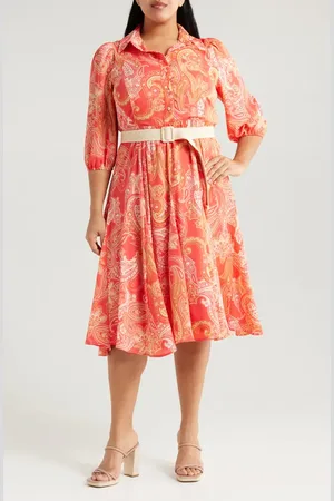 Tahari ASL Paisley Belted Fit & Flare Shirtdress in at Nordstrom, Size 14W