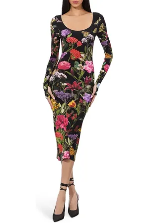 ALICE+OLIVIA Delora Floral Long Sleeve Body-Con Midi Dress in at Nordstrom, Size 0