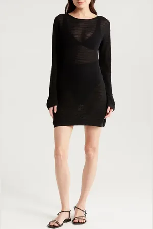 Solid The Nicki Rib Long Sleeve Linen Blend Cover-Up Dress in at Nordstrom, Size X-Large