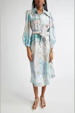 ZIMMERMANN Seascape Print Belted Long Sleeve Silk Shirtdress in at Nordstrom, Size 0