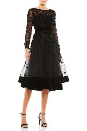 Mac Duggal Embellished Illusion High Neck Long Sleeve Fit & Flare Dress in at Nordstrom, Size 12