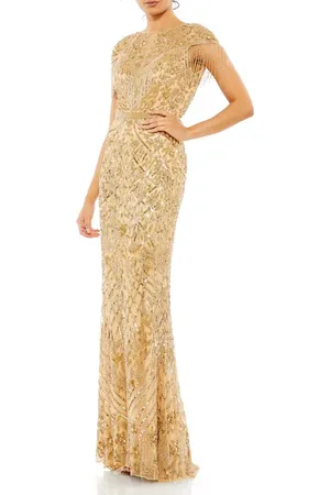 Mac Duggal Embellished Fringe Cap Sleeve Trumpet Gown in at Nordstrom, Size 16