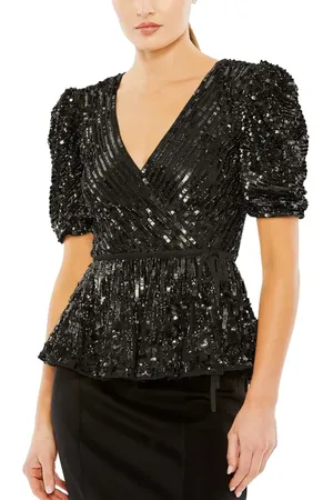 Mac Duggal Sequined Puff Sleeve Faux Wrap Top in at Nordstrom, Size Medium