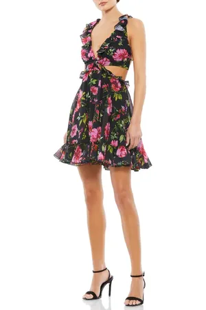 Mac Duggal Floral Ruffle Cut Out Lace Up Flowy Mini Dress in at Nordstrom, Size 8