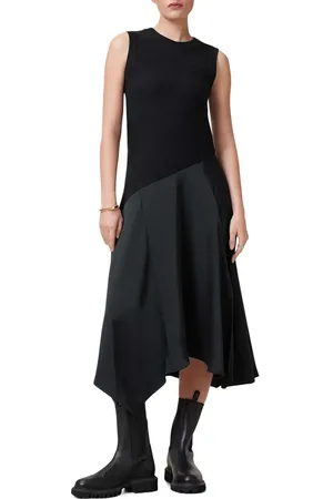 AllSaints Pia Sleeveless Mixed Media Asymmetric Dress in at Nordstrom, Size 12 Us