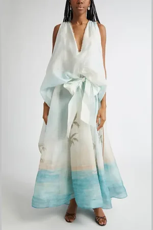 ZIMMERMANN Seascape Print Organza Plunge Gown in at Nordstrom, Size 0
