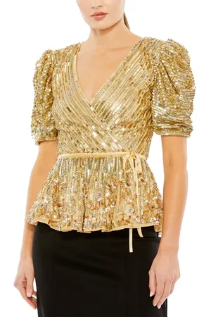 Mac Duggal Sequined Puff Sleeve Faux Wrap Top in at Nordstrom, Size X-Small